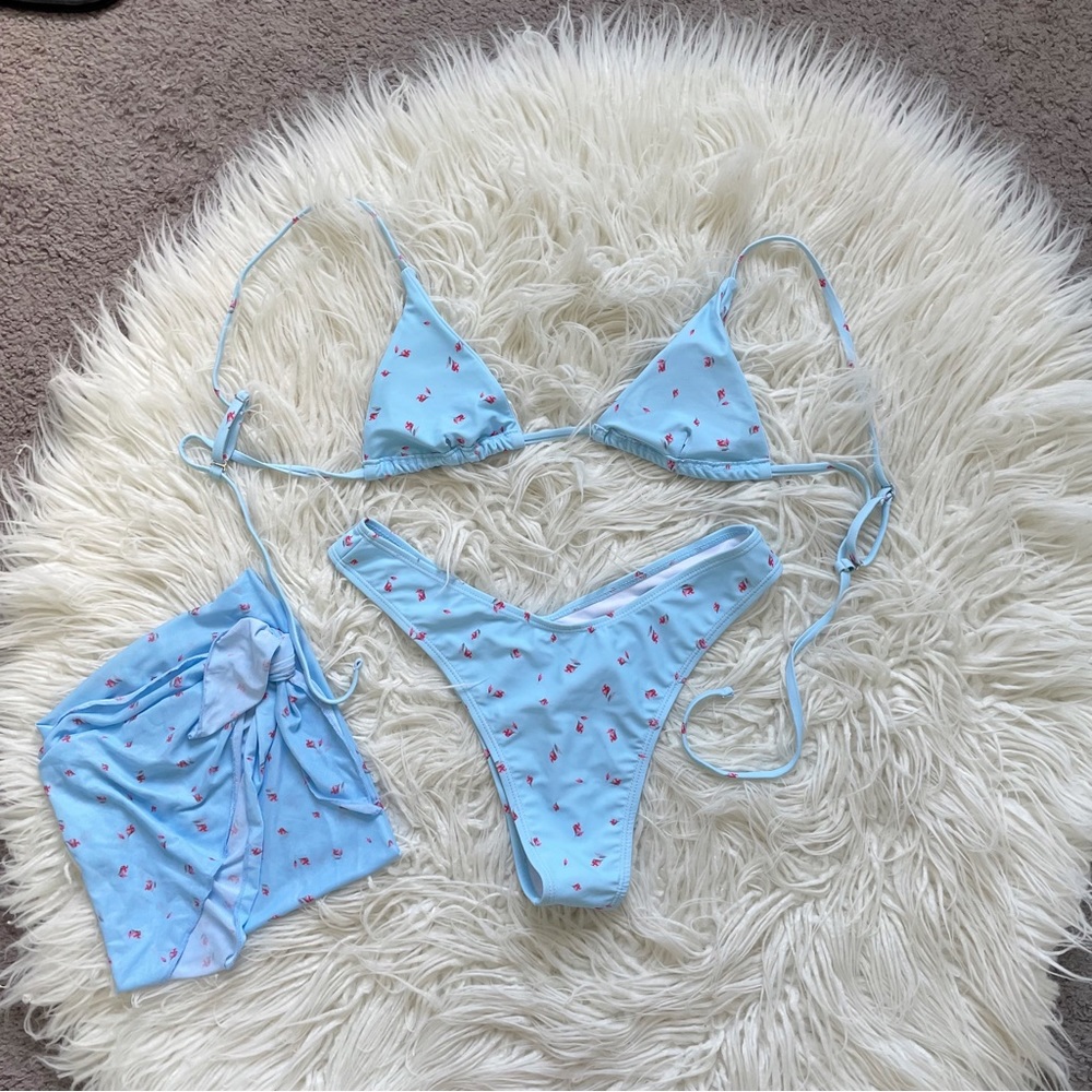 SOLY HUX 3 Piece Triangle Bikini Set with Mesh Cover Up Beach Skirt Blue Floral - Picture 9 of 11